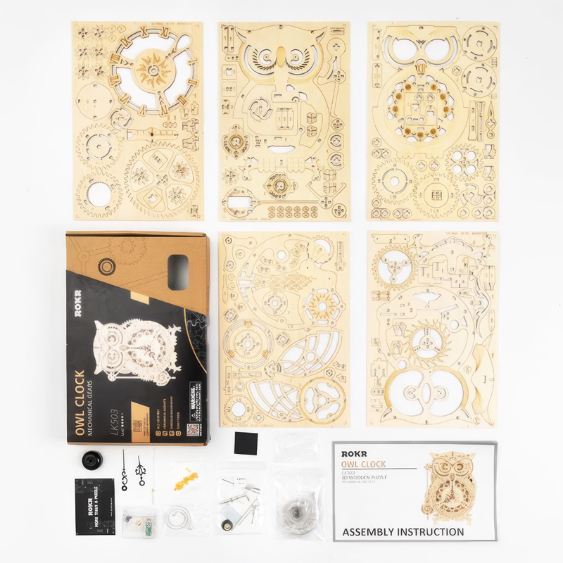 ROKR LK503 Hareketli Baykuş Saat (Owl Clock) DIY Minyatür Maket Model Seti Ahşap 3D Wooden Puzzle 3D Model Kit Detaylı Dekoratif Hobi Seti Ahşap Maket