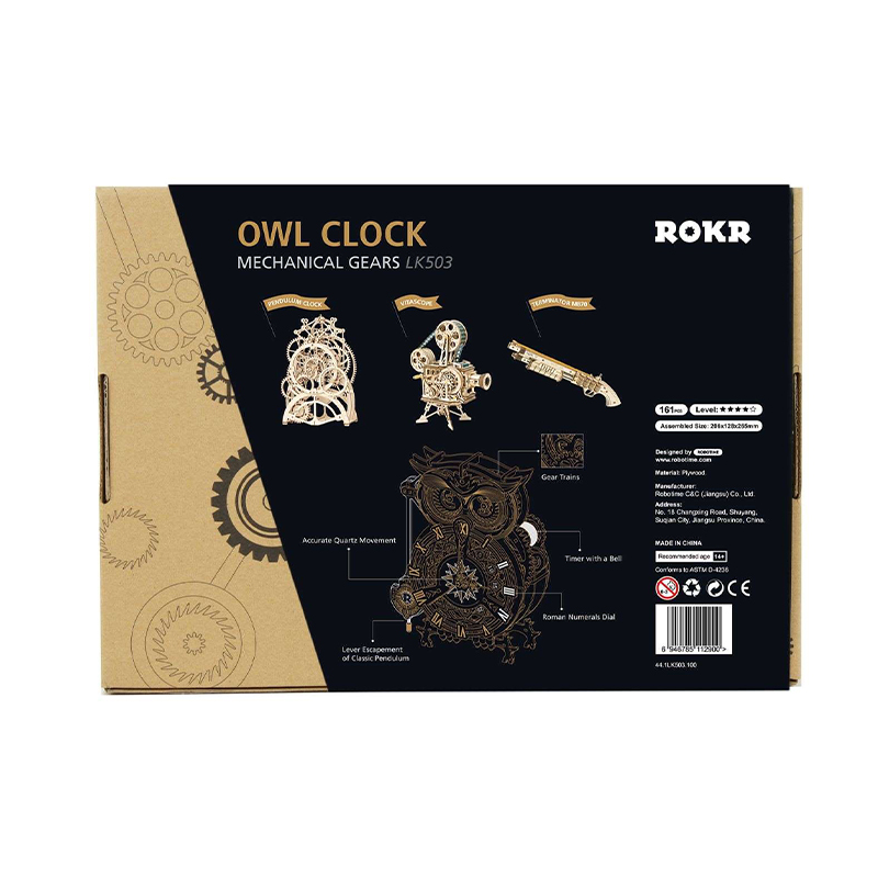 ROKR LK503 Hareketli Baykuş Saat (Owl Clock) DIY Minyatür Maket Model Seti Ahşap 3D Wooden Puzzle 3D Model Kit Detaylı Dekoratif Hobi Seti Ahşap Maket