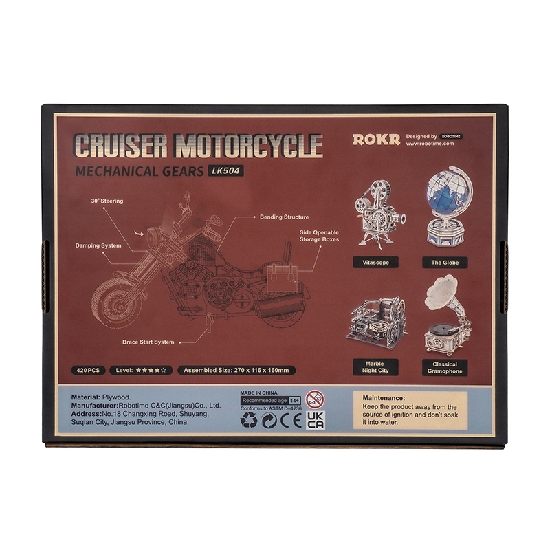 ROKR LK504 Motosiklet (Cruiser Motorcycle) DIY Minyatür Maket Model Seti Ahşap 3D Wooden Puzzle 3D Model Kit Detaylı Dekoratif Hobi Seti Ahşap Maket