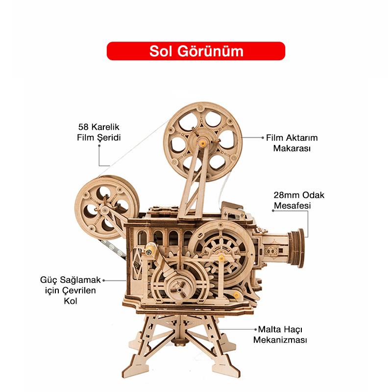 ROKR LK601 Hareketli Film Kamerası (Vitascope) DIY Minyatür Maket Model Seti Ahşap 3D Wooden Puzzle 3D Model Kit Detaylı Dekoratif Hobi Seti Ahşap Maket 