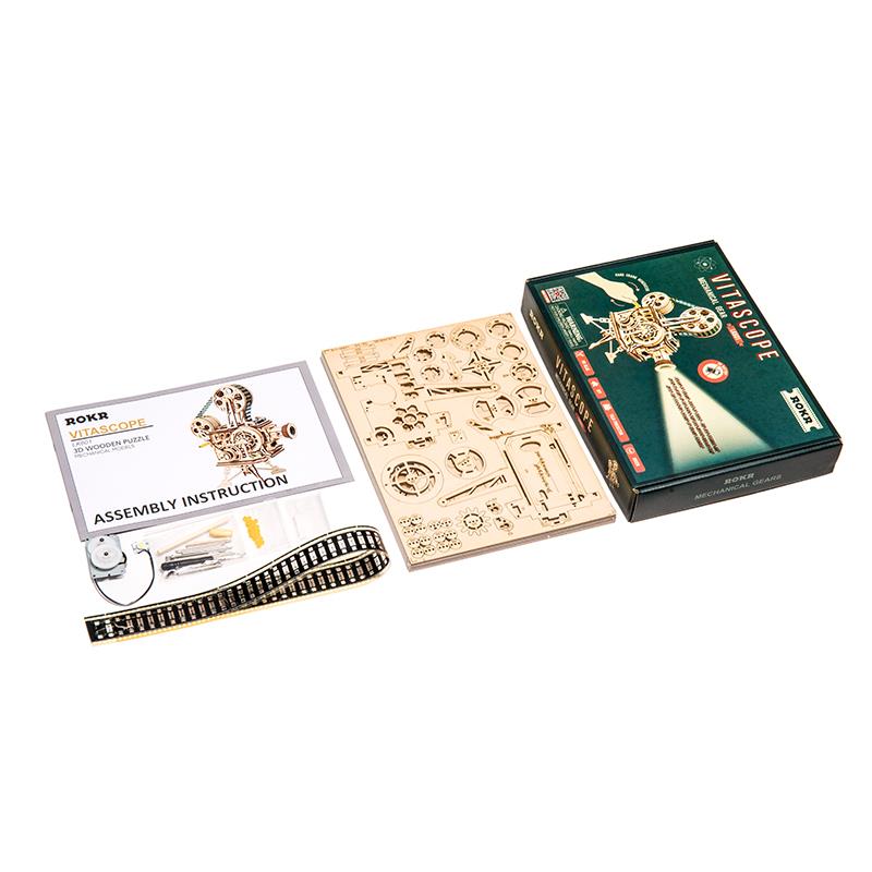 ROKR LK601 Hareketli Film Kamerası (Vitascope) DIY Minyatür Maket Model Seti Ahşap 3D Wooden Puzzle 3D Model Kit Detaylı Dekoratif Hobi Seti Ahşap Maket 