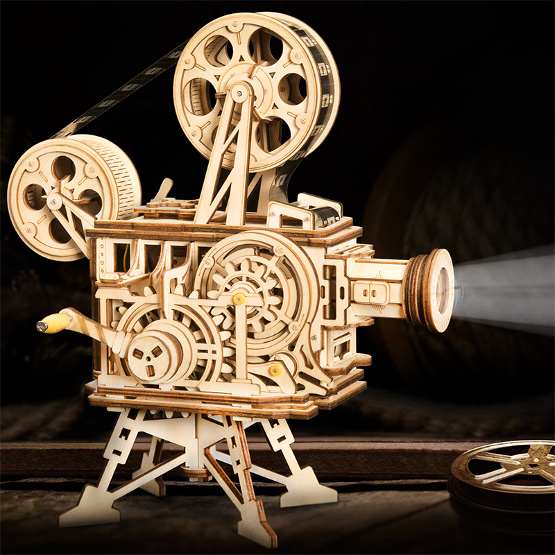 ROKR LK601 Hareketli Film Kamerası (Vitascope) DIY Minyatür Maket Model Seti Ahşap 3D Wooden Puzzle 3D Model Kit Detaylı Dekoratif Hobi Seti Ahşap Maket 