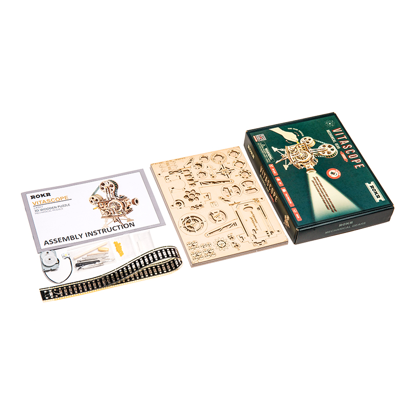 ROKR LK601 Hareketli Film Kamerası (Vitascope) DIY Minyatür Maket Model Seti Ahşap 3D Wooden Puzzle 3D Model Kit Detaylı Dekoratif Hobi Seti Ahşap Maket 