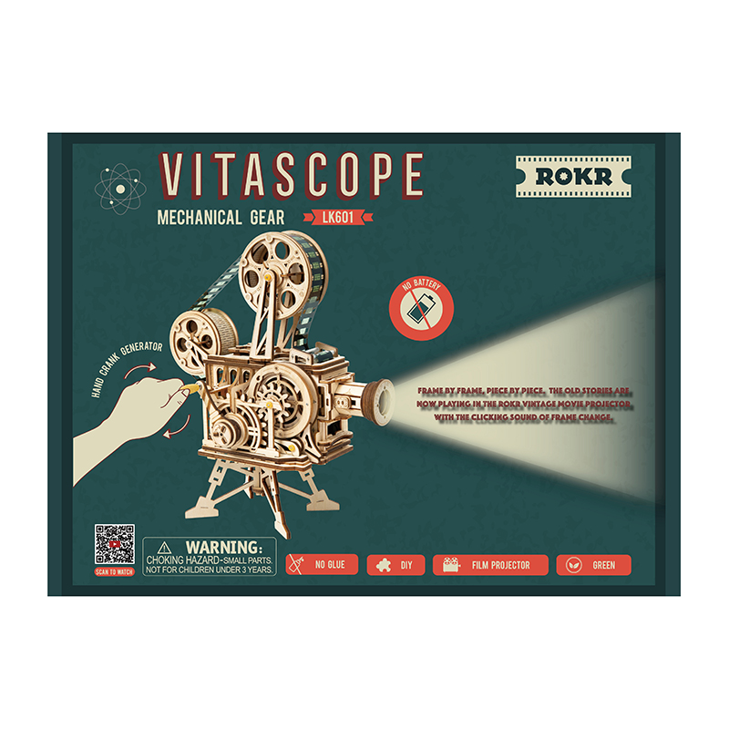 ROKR LK601 Hareketli Film Kamerası (Vitascope) DIY Minyatür Maket Model Seti Ahşap 3D Wooden Puzzle 3D Model Kit Detaylı Dekoratif Hobi Seti Ahşap Maket 