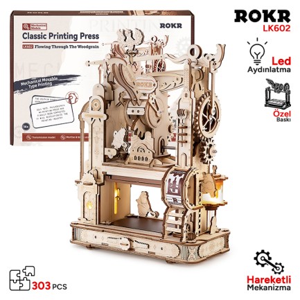 ROKR - ROKR LK602 Baskı Makinesi Classic Printing Press DIY Minyatür Maket Model Set Ahşap 3D Wooden Puzzle 3D Model Kit Detaylı Dekoratif Hobi Seti Ahşap Maket