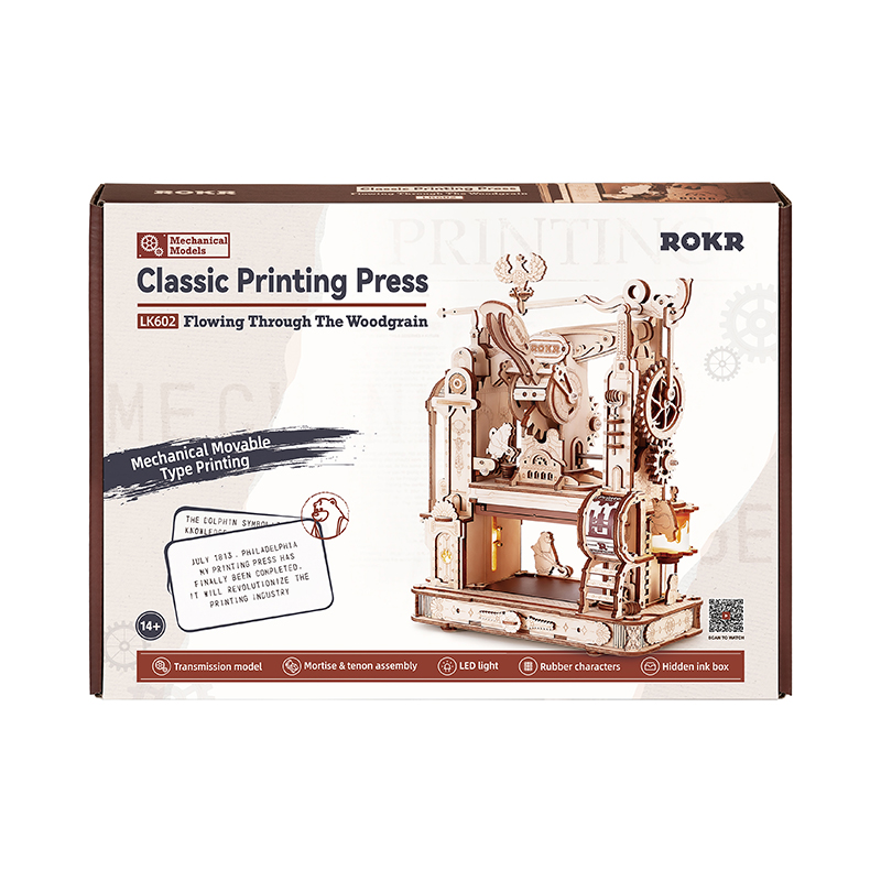 ROKR LK602 Baskı Makinesi Classic Printing Press DIY Minyatür Maket Model Set Ahşap 3D Wooden Puzzle 3D Model Kit Detaylı Dekoratif Hobi Seti Ahşap Maket