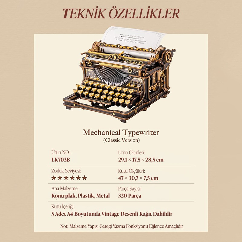 ROKR LK703B Mechanical Typewriter (Classic version) 3D Wooden Puzzle