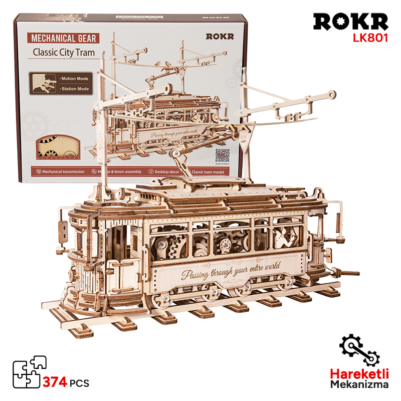 ROKR LK801 Klasik Tramvay (Classic City Tramcar) DIY Minyatür Maket ModelSeti Ahşap 3D Wooden Puzzle 3D Model Kit Detaylı Dekoratif Hobi Seti Ahşap Maket