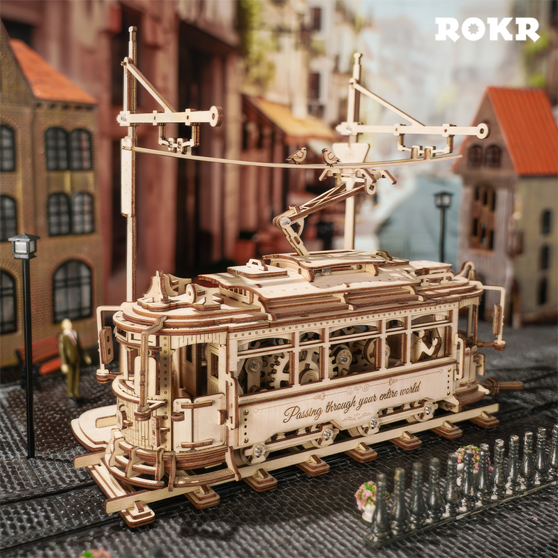 ROKR LK801 Klasik Tramvay (Classic City Tramcar) DIY Minyatür Maket ModelSeti Ahşap 3D Wooden Puzzle 3D Model Kit Detaylı Dekoratif Hobi Seti Ahşap Maket