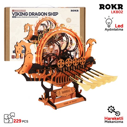 ROKR - ROKR LK802 Viking Gemisi (Viking Dragon Ship) DIY Minyatür Maket Model Seti Ahşap 3D Wooden Puzzle 3D Model Kit Detaylı Dekoratif Hobi Seti Ahşap Maket