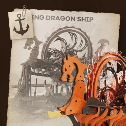 ROKR LK802 Viking Gemisi (Viking Dragon Ship) DIY Minyatür Maket Model Seti Ahşap 3D Wooden Puzzle 3D Model Kit Detaylı Dekoratif Hobi Seti Ahşap Maket - Thumbnail