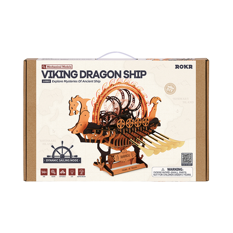 ROKR LK802 Viking Gemisi (Viking Dragon Ship) DIY Minyatür Maket Model Seti Ahşap 3D Wooden Puzzle 3D Model Kit Detaylı Dekoratif Hobi Seti Ahşap Maket