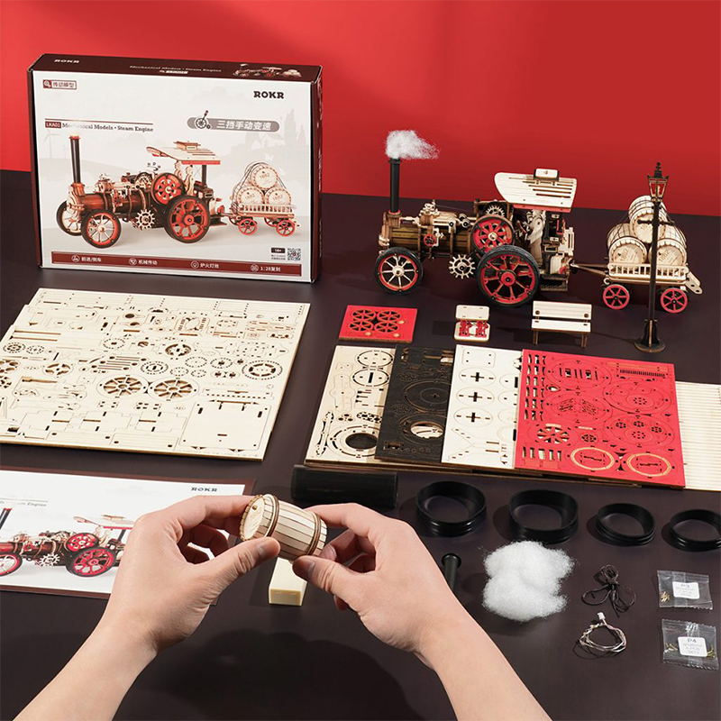 ROKR LKA01 Buhar Motorlu Araba (Steam Engine) DIY Minyatür Maket Model Seti Ahşap 3D Wooden Puzzle 3D Model Kit Detaylı Dekoratif Hobi Seti Ahşap Maket