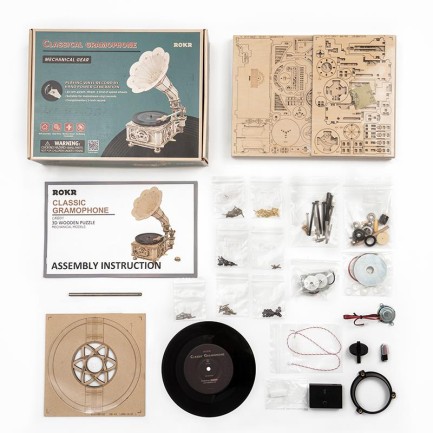 ROKR LKB01D Hareketli Gramofon Classical Gramophone DIY Minyatür Model Seti Ahşap 3D Wooden Puzzle 3D Model Kit Detaylı Dekoratif Hobi Seti Ahşap Maket - Thumbnail