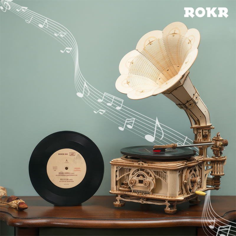ROKR LKB01D Hareketli Gramofon Classical Gramophone DIY Minyatür Model Seti Ahşap 3D Wooden Puzzle 3D Model Kit Detaylı Dekoratif Hobi Seti Ahşap Maket