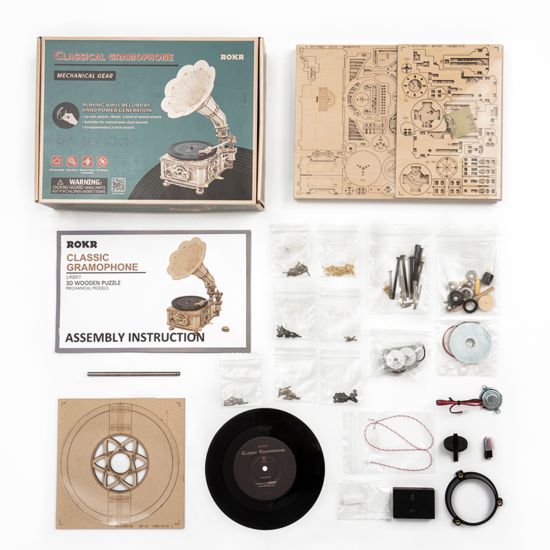 ROKR LKB01D Hareketli Gramofon Classical Gramophone DIY Minyatür Model Seti Ahşap 3D Wooden Puzzle 3D Model Kit Detaylı Dekoratif Hobi Seti Ahşap Maket