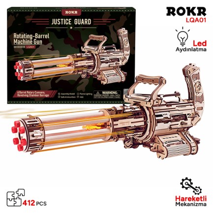 ROKR - ROKR LQA01 AK-47 Rotating-Barrel Machine Gun DIY Minyatür Maket Model Seti Ahşap 3D Wooden Puzzle 3D Model Kit Detaylı Dekoratif Hobi Seti Ahşap Maket Hareketli ve Sesli