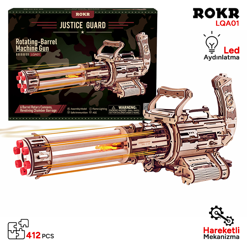 ROKR LQA01 AK-47 Rotating-Barrel Machine Gun DIY Minyatür Maket Model Seti Ahşap 3D Wooden Puzzle 3D Model Kit Detaylı Dekoratif Hobi Seti Ahşap Maket Hareketli ve Sesli