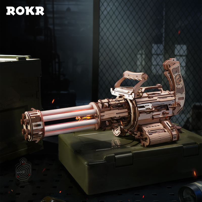 ROKR LQA01 AK-47 Rotating-Barrel Machine Gun DIY Minyatür Maket Model Seti Ahşap 3D Wooden Puzzle 3D Model Kit Detaylı Dekoratif Hobi Seti Ahşap Maket Hareketli ve Sesli