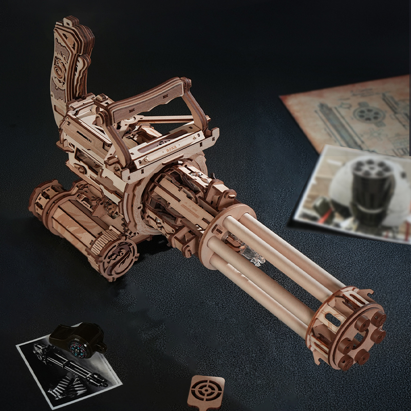 ROKR LQA01 AK-47 Rotating-Barrel Machine Gun DIY Minyatür Maket Model Seti Ahşap 3D Wooden Puzzle 3D Model Kit Detaylı Dekoratif Hobi Seti Ahşap Maket Hareketli ve Sesli