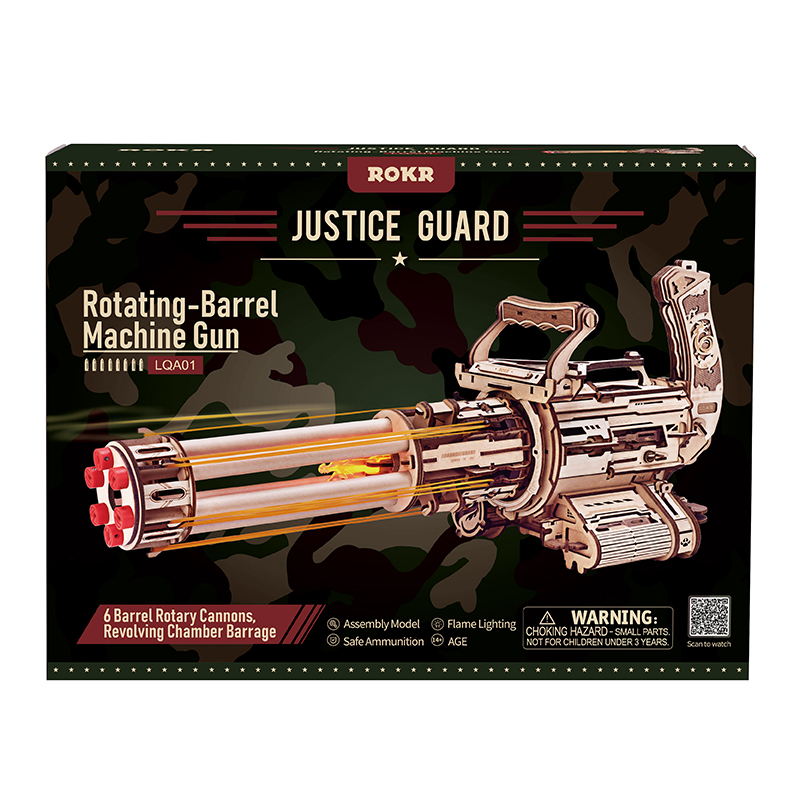 ROKR LQA01 AK-47 Rotating-Barrel Machine Gun DIY Minyatür Maket Model Seti Ahşap 3D Wooden Puzzle 3D Model Kit Detaylı Dekoratif Hobi Seti Ahşap Maket Hareketli ve Sesli