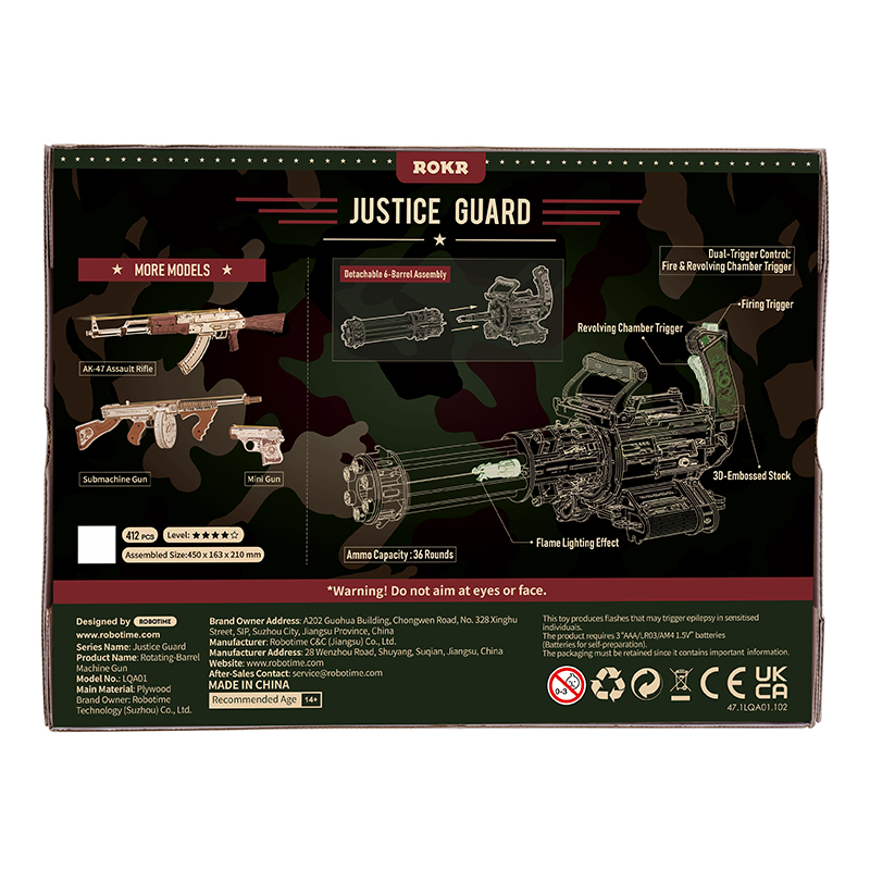 ROKR LQA01 AK-47 Rotating-Barrel Machine Gun DIY Minyatür Maket Model Seti Ahşap 3D Wooden Puzzle 3D Model Kit Detaylı Dekoratif Hobi Seti Ahşap Maket Hareketli ve Sesli
