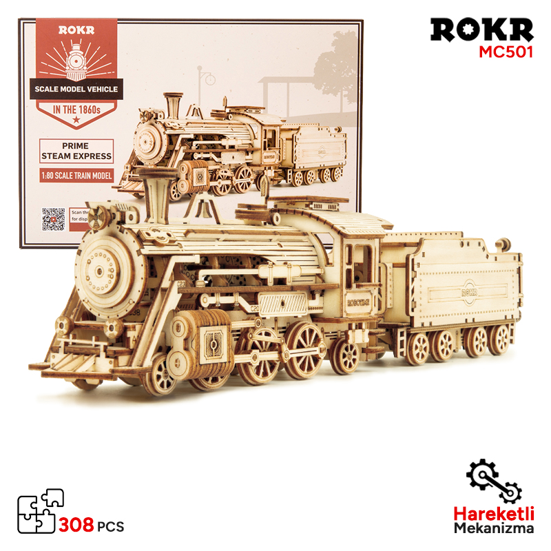ROKR MC501 Lokomotif Tren (Prime Steam Express) DIY Minyatür Maket Model Seti Ahşap 3D Wooden Puzzle 3D Model Kit Detaylı Dekoratif Hobi Seti Ahşap Maket ROKR/MC501