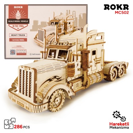 ROKR - ROKR MC502 Kamyon Tır Çekici (Heavy Truck) DIY Minyatür Maket Model Seti Ahşap 3D Wooden Puzzle 3D Model Kit Detaylı Dekoratif Hobi Seti Ahşap Maket