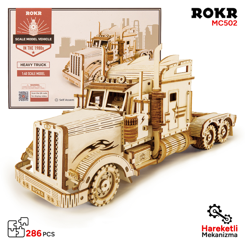 ROKR MC502 Kamyon Tır Çekici (Heavy Truck) DIY Minyatür Maket Model Seti Ahşap 3D Wooden Puzzle 3D Model Kit Detaylı Dekoratif Hobi Seti Ahşap Maket