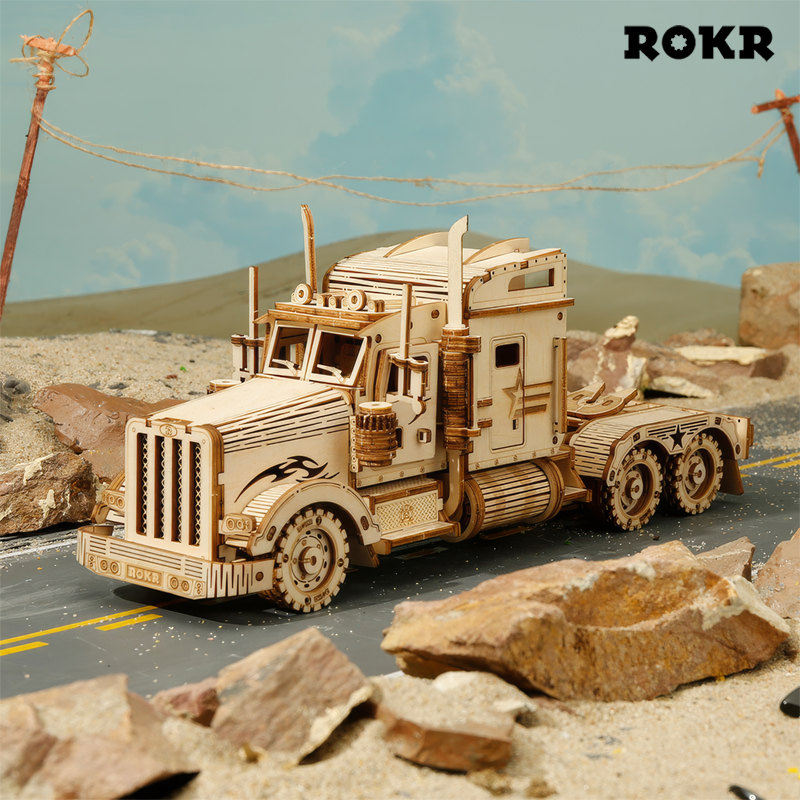 ROKR MC502 Kamyon Tır Çekici (Heavy Truck) DIY Minyatür Maket Model Seti Ahşap 3D Wooden Puzzle 3D Model Kit Detaylı Dekoratif Hobi Seti Ahşap Maket