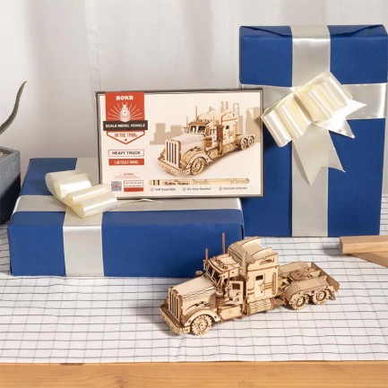 ROKR MC502 Kamyon Tır Çekici (Heavy Truck) DIY Minyatür Maket Model Seti Ahşap 3D Wooden Puzzle 3D Model Kit Detaylı Dekoratif Hobi Seti Ahşap Maket - Thumbnail