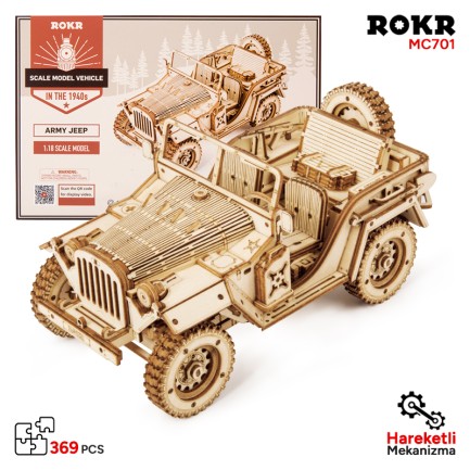 ROKR - ROKR MC701 Asker Ordu Arabası (Army Field Car) DIY Minyatür Maket Model Seti Ahşap 3D Wooden Puzzle 3D Model Kit Detaylı Dekoratif Hobi Seti Ahşap Maket