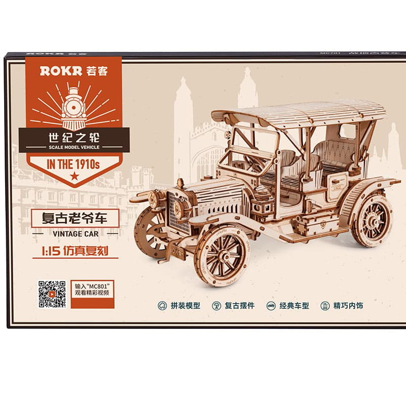 ROKR MC801 Klasik Araba (Vintage Car) DIY Minyatür Maket Model Seti Ahşap 3D Wooden Puzzle 3D Model Kit Detaylı Dekoratif Hobi Seti Ahşap Maket