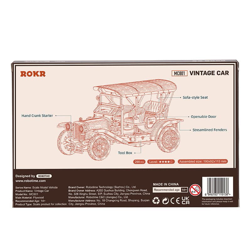 ROKR MC801 Klasik Araba (Vintage Car) DIY Minyatür Maket Model Seti Ahşap 3D Wooden Puzzle 3D Model Kit Detaylı Dekoratif Hobi Seti Ahşap Maket