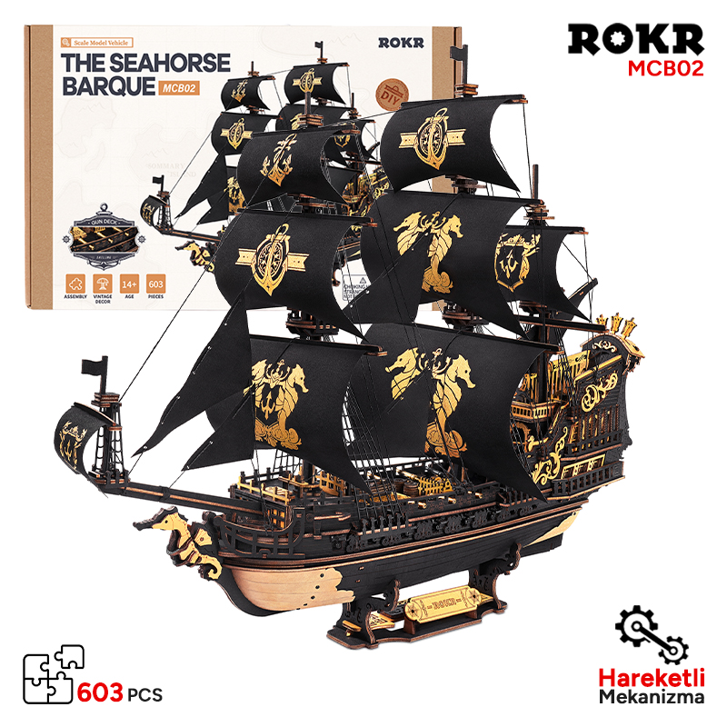 ROKR MCB02 Yelkenli Gemi (The Seahorse Barque) DIY Minyatür Maket Model Seti Ahşap 3D Wooden Puzzle 3D Model Kit Detaylı Dekoratif Hobi Seti Ahşap Maket
