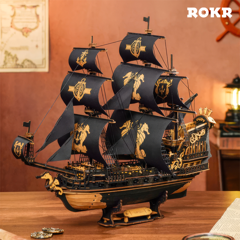 ROKR MCB02 Yelkenli Gemi (The Seahorse Barque) DIY Minyatür Maket Model Seti Ahşap 3D Wooden Puzzle 3D Model Kit Detaylı Dekoratif Hobi Seti Ahşap Maket