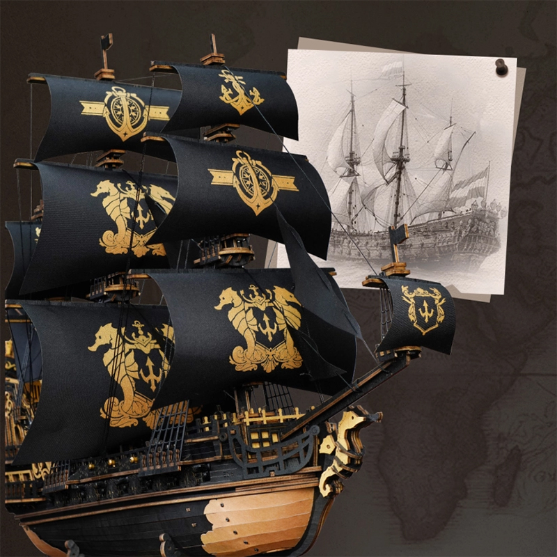 ROKR MCB02 Yelkenli Gemi (The Seahorse Barque) DIY Minyatür Maket Model Seti Ahşap 3D Wooden Puzzle 3D Model Kit Detaylı Dekoratif Hobi Seti Ahşap Maket