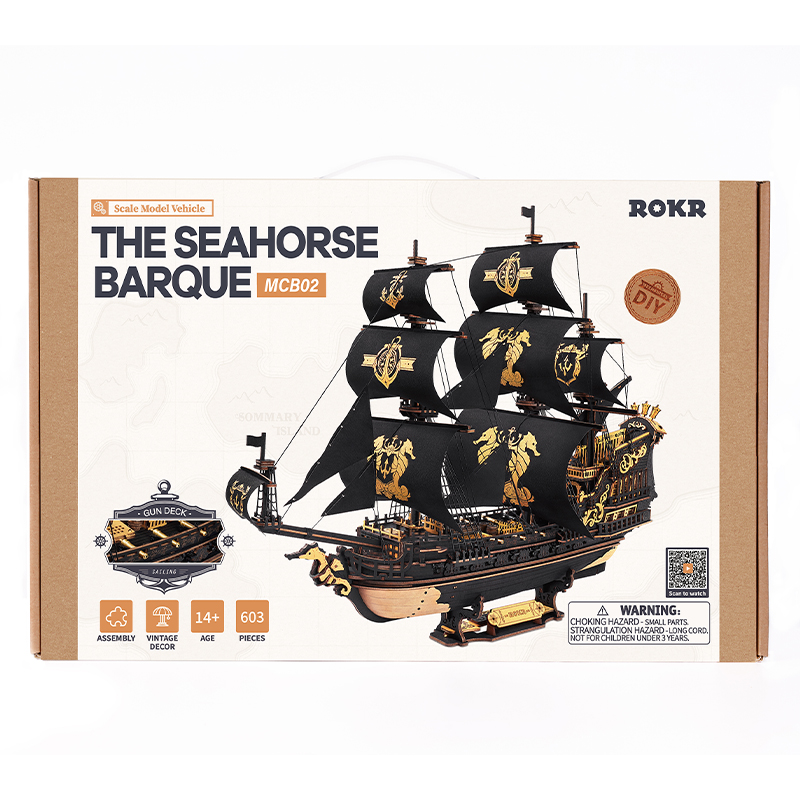 ROKR MCB02 Yelkenli Gemi (The Seahorse Barque) DIY Minyatür Maket Model Seti Ahşap 3D Wooden Puzzle 3D Model Kit Detaylı Dekoratif Hobi Seti Ahşap Maket