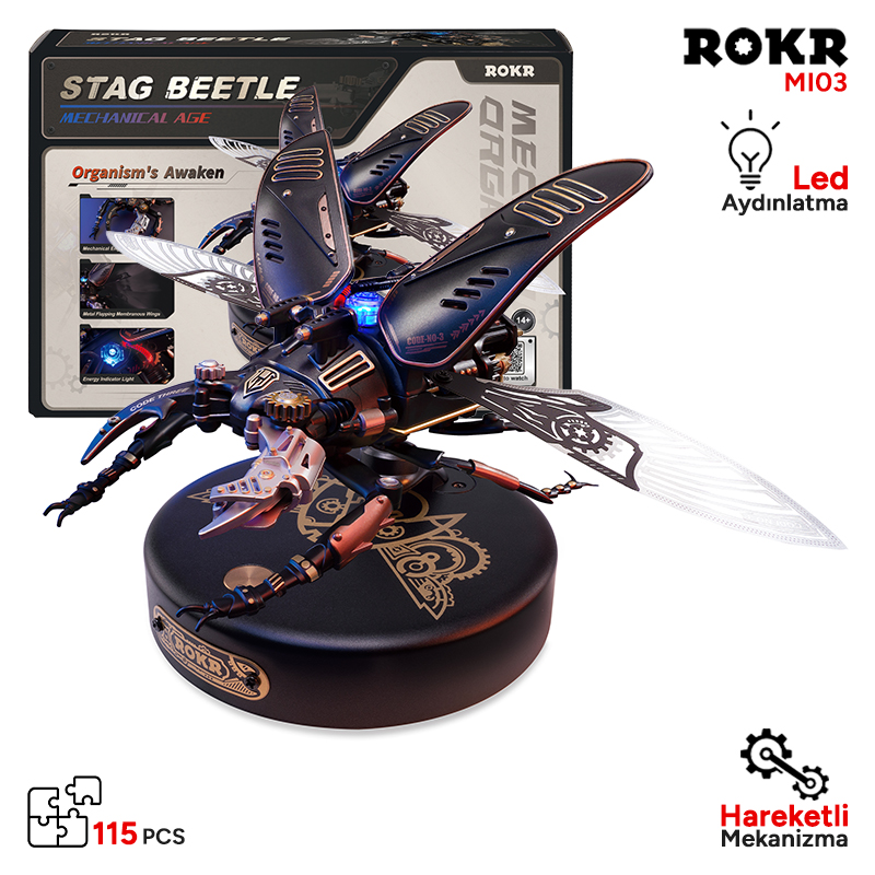 ROKR MI03 Stag Beetle DIY Mechanical 3D Puzzle Maket Model Seti 3D Model Kit Detaylı Dekoratif Hobi Seti Hareketli ve Işıklı