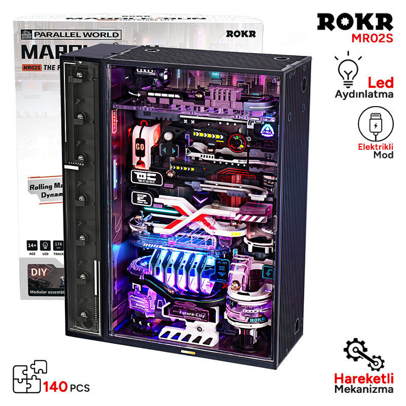 ROKR MR02S The Future City Marble Run DIY Mechanical 3D Puzzle Maket Model Seti 3D Model Kit Detaylı Dekoratif Hobi Seti Hareketli ve Işıklı