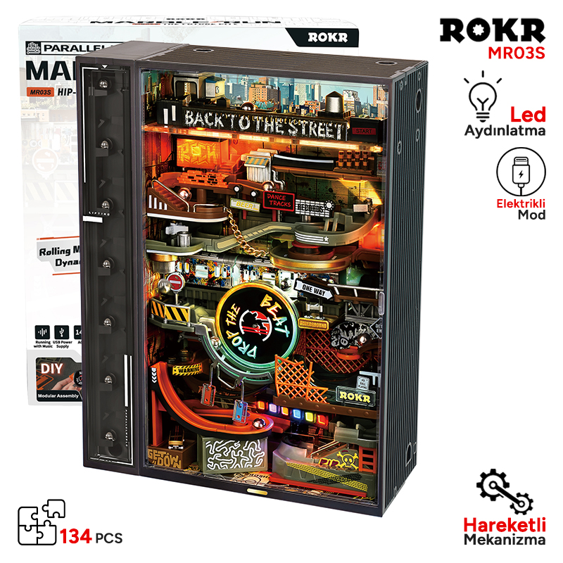 ROKR MR03S Hip-Hop Street Marble Run DIY Mechanical 3D Puzzle Maket Model Seti 3D Model Kit Detaylı Dekoratif Hobi Seti Hareketli ve Işıklı