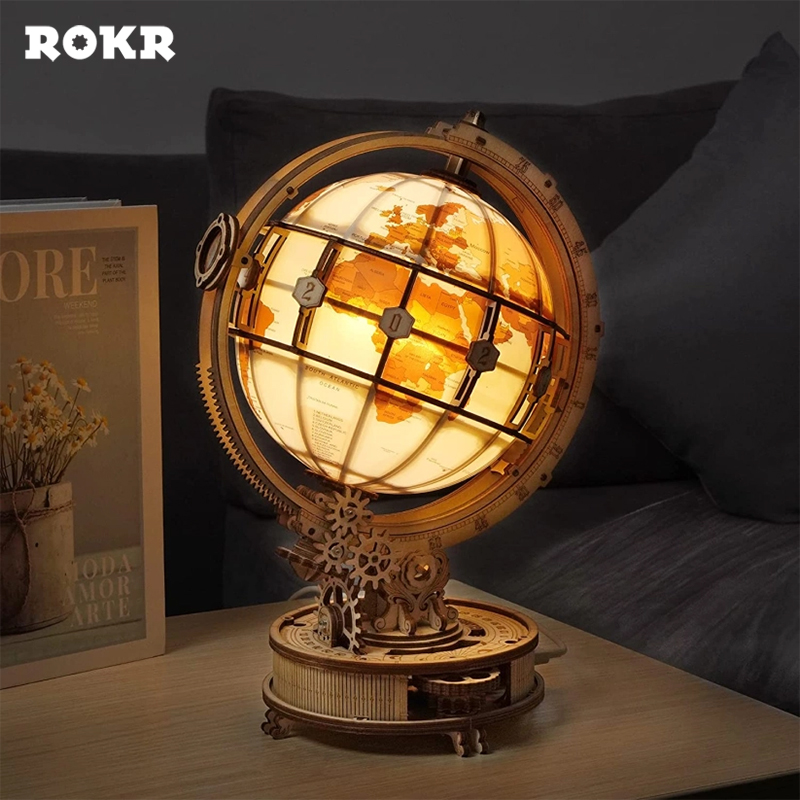 ROKR ST003 Işıklı Küre (Luminous Globe) DIY Mechanical 3D Puzzle Maket Model Seti 3D Model Kit Detaylı Dekoratif Hobi Seti Ahşap Maket Hareketli