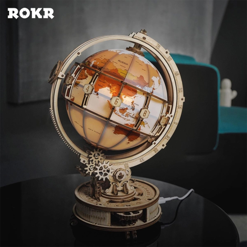 ROKR ST003 Işıklı Küre (Luminous Globe) DIY Mechanical 3D Puzzle Maket Model Seti 3D Model Kit Detaylı Dekoratif Hobi Seti Ahşap Maket Hareketli