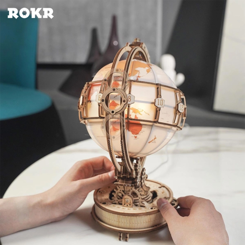 ROKR ST003 Işıklı Küre (Luminous Globe) DIY Mechanical 3D Puzzle Maket Model Seti 3D Model Kit Detaylı Dekoratif Hobi Seti Ahşap Maket Hareketli