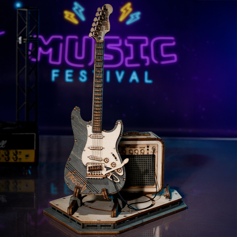 ROKR TG605K Elektro Gitar (Electric Guitar) DIY Minyatür Maket Model Seti Ahşap 3D Wooden Puzzle 3D Model Kit Detaylı Dekoratif Hobi Seti Ahşap Maket