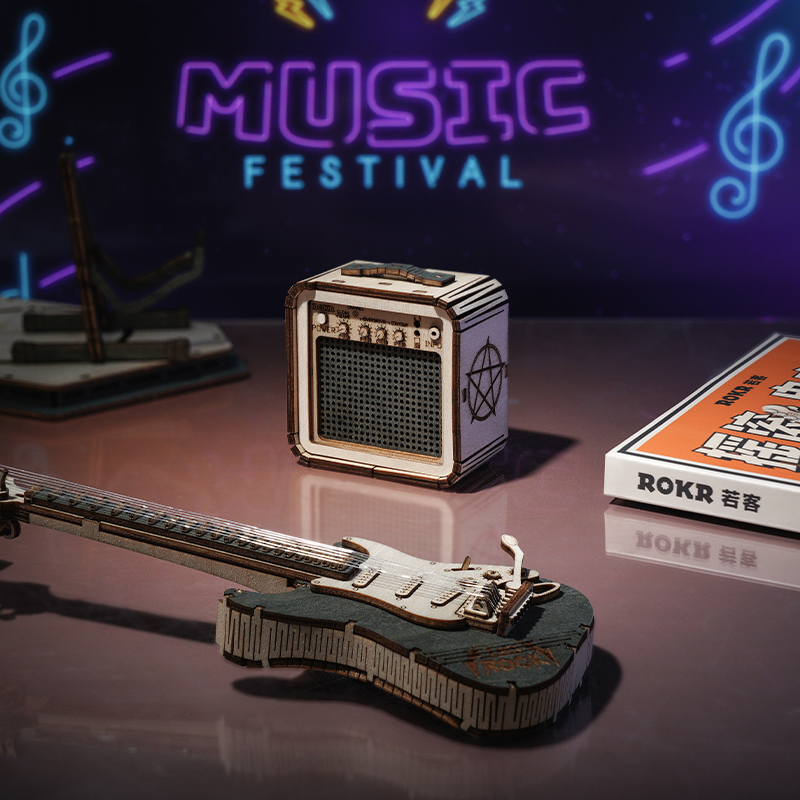 ROKR TG605K Elektro Gitar (Electric Guitar) DIY Minyatür Maket Model Seti Ahşap 3D Wooden Puzzle 3D Model Kit Detaylı Dekoratif Hobi Seti Ahşap Maket