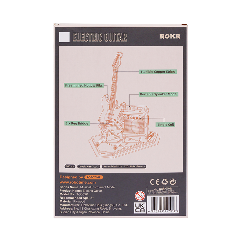ROKR TG605K Elektro Gitar (Electric Guitar) DIY Minyatür Maket Model Seti Ahşap 3D Wooden Puzzle 3D Model Kit Detaylı Dekoratif Hobi Seti Ahşap Maket
