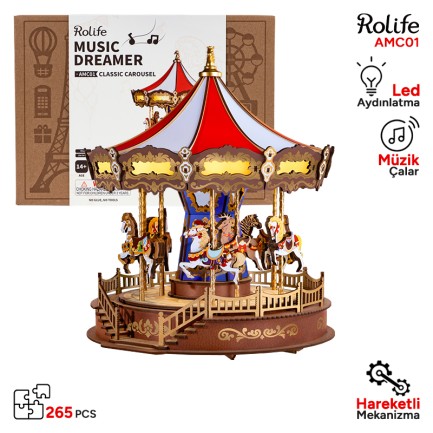 Rolife - Rolife AMC01 Atlı Karınca (Classic Carousel) DIY Minyatür Maket Model Seti Ahşap 3D Wooden Puzzle 3D Model Kit Detaylı Dekoratif Hobi Seti Ahşap Maket