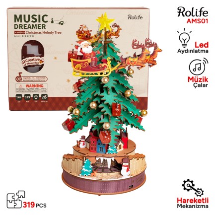 Rolife - Rolife AMS01 Yılbaşı Ağacı Müzik Kutusu (Christmas Melody Tre) DIY Minyatür Maket Model Seti Ahşap 3D Wooden Puzzle 3D Model Kit Detaylı Dekoratif Hobi Seti Ahşap Maket