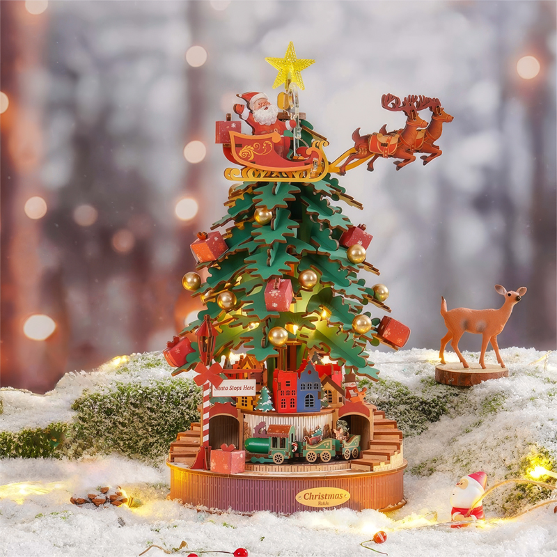 Rolife AMS01 Yılbaşı Ağacı Müzik Kutusu (Christmas Melody Tre) DIY Minyatür Maket Model Seti Ahşap 3D Wooden Puzzle 3D Model Kit Detaylı Dekoratif Hobi Seti Ahşap Maket